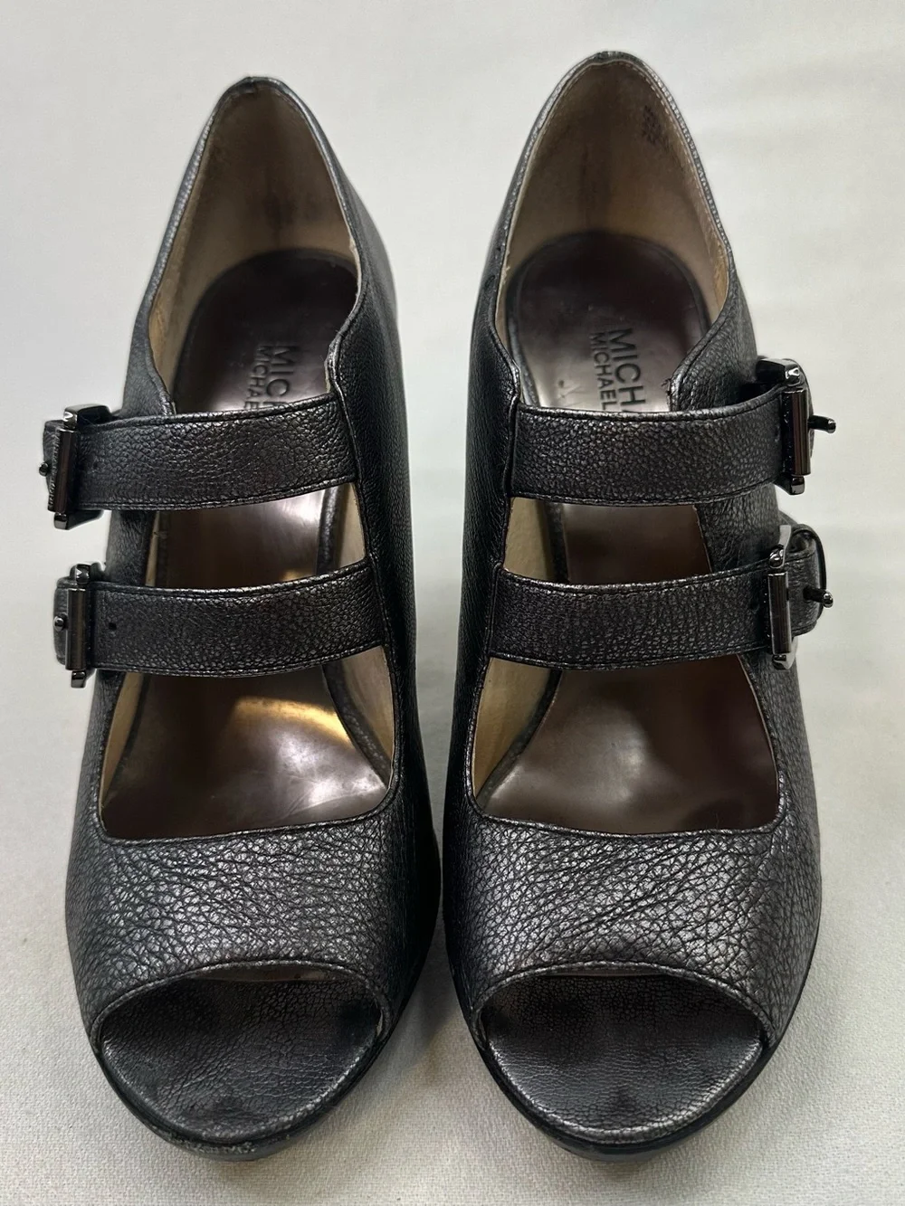 Michael Kors Peep Toe Double Buckle Heels Pewter Metallic Leather 7